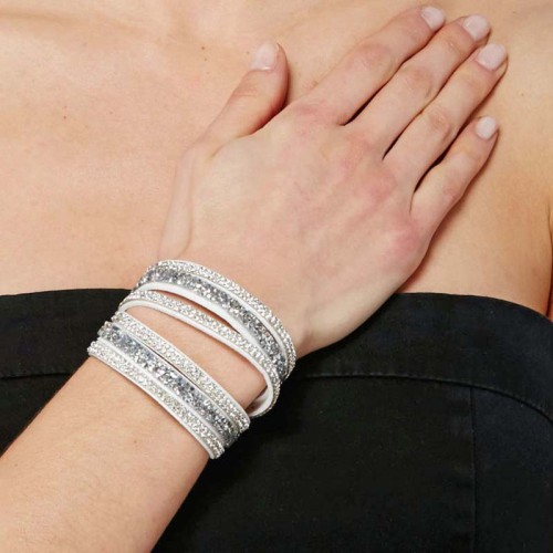 Bracelet STAR SIBERIA White Silver Double Tour Multirangs Rivière de cristal Argenté et Blanc Rhodium et Simili-Cuir Cristal