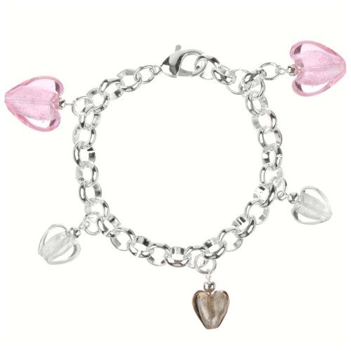 Bracelet POESIE Pink Silver Bracelet chaine souple Cœur Argenté et Rose Argenté à l'argent fin Pampilles en verre soufflé