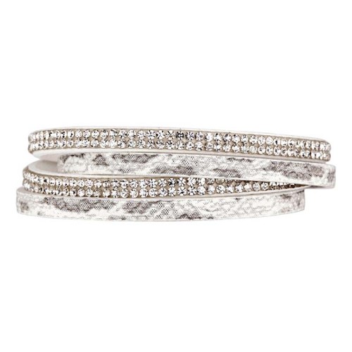 Bracelet REPTILIA White Silver Double tour Multirangs Imprimé reptile Argenté et Blanc Rhodium et Simili-Cuir Cristal