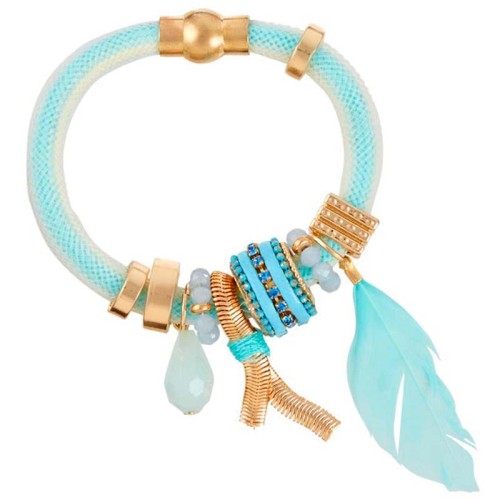 Bracelet FILANO Sky Blue Gold Bracelet à pendentif Ethnique Doré et Bleu ciel Laiton doré à l'or fin Simili-Cuir Cristal Plume