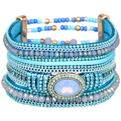 Bracelet ZARIOR Sky Blue Gold Manchette souple Multirangs Classique Doré et Bleu ciel Laiton doré à l'or fin Simili-Cuir Cristal