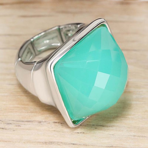 Bague ICE SQUARE Turquoise Silver Cabochon réglable élastique Dôme opaque Argenté et Turquoise Rhodium Pâte de verre