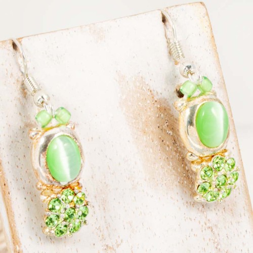 Boucles d'oreilles FLARONE Apple Green Silver Pendantes courtes Fleur Argenté et Vert Rhodium Cristal et Résines