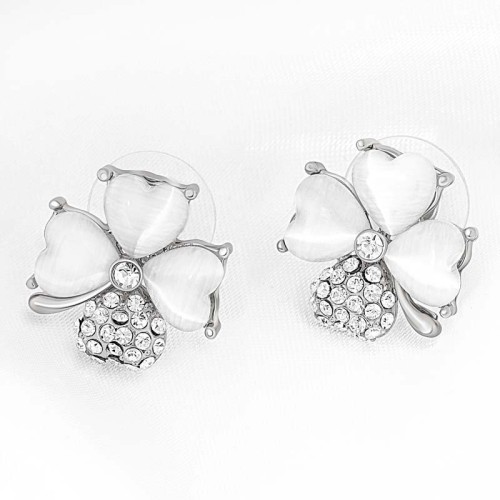 Boucles d'oreilles TREFLOR White Silver Puces clous Trèfle à 4 feuilles Argenté et Blanc Rhodium Cristal et Résines