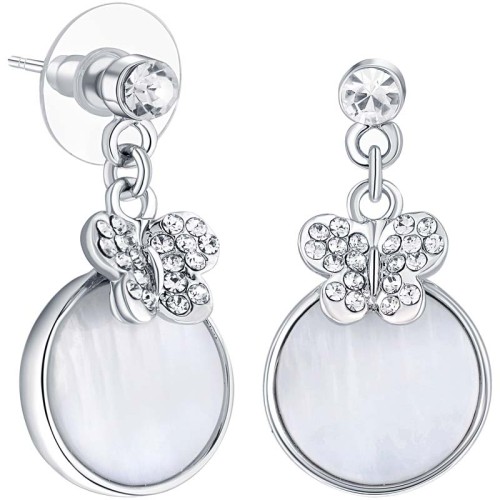 Boucles d'oreilles SPRINGFLY White Silver Pendantes pavées Papillon Argenté et Blanc Rhodium Cristal et Nacre