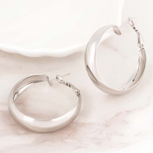 Boucles d'oreilles EOLUNE Silver Créoles plates Bombé Argenté Rhodium