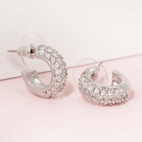 Boucles d'oreilles LANCIOSA CRYSTAL White Silver Créoles puces Bombé Argenté et Blanc Rhodium Cristal