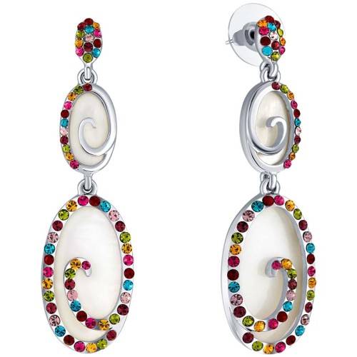 Boucles d'oreilles GALADORIA Color Silver Pendantes pavées Arabesques Argenté et Multicolore Rhodium Cristal et Nacre