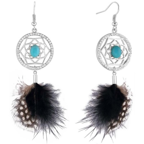 Boucles d'oreilles REVORIA Turquoise Silver Pendantes ajourées Attrape-rêve ethnique Argenté et Turquoise Rhodium Cristal Plumes