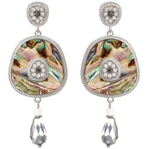 Boucles d'oreilles MARINA Beige Silver Pendantes pavées Contemporain Argenté et Beige Rhodium Cristal et Nacre