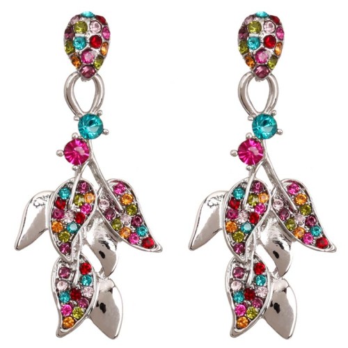 Boucles d'oreilles FOLIA Color Silver Pendantes pavées Feuillage Argenté et Multicolore Rhodium Cristal