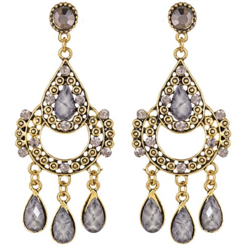 Boucles d'oreilles MEDIELA Grey Gold Pendantes à pendentif Romantique médiéval Doré et Gris Laiton doré Cristal et Résines