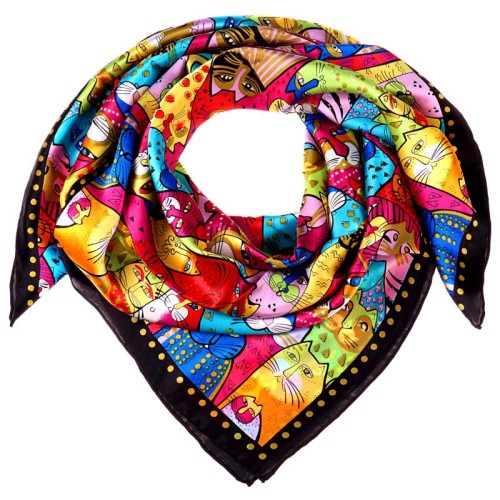 Foulard ANIMIS Color Black grand carré de soie imprimé chat Noir et Multicolore 100 % soie Imprimé sur l'ensemble