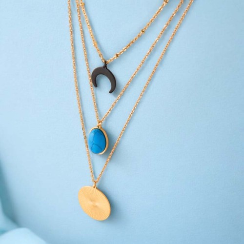 Collier SOL Y MAR STEEL Turquoise Gold Ras de cou Multirangs pendentif Symbole corne croissant de lune Acier inoxydable doré