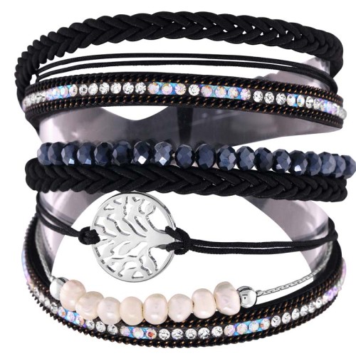 Bracelet EVANOR Black silver Double tour Multirangs Arbre de vie Argenté et Noir Rhodium et Coton Cristal et Perles