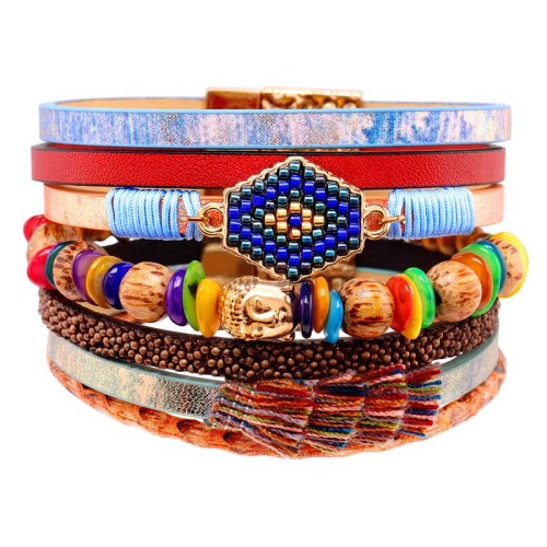 Bracelet BANGKOK Color Gold Manchette souple Multirangs Bouddha zen Doré Multicolore Rhodium et Simili-Cuir Cristal Bois Tissage