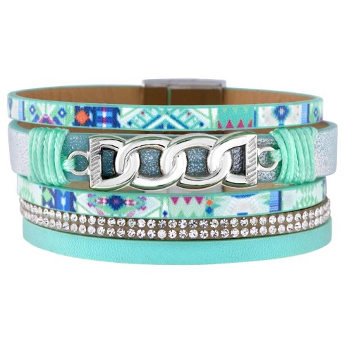 Bracelet LA CITY Green Mint Silver Manchette souple Multirangs Maillon de chaine Argenté Menthe Rhodium Simili-Cuir Cristal