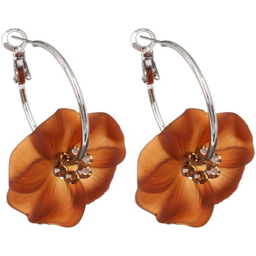 Boucles d'oreilles SUMAO Brown Silver Créoles à pendentif Floral Argenté et Marron Rhodium Cristal et Résines