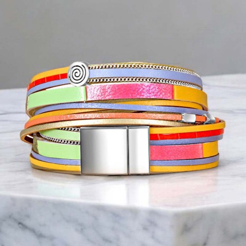 Bracelet ARLODINO Color Silver Double tour Multirangs Patchwork Argenté et Multicolore Rhodium et Cuir Cristal