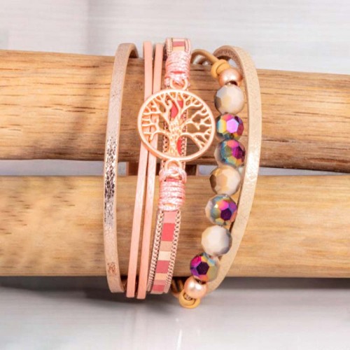 Bracelet NATURA FORESTA Pink & Rose Gold Manchette souple Multirangs Arbre de vie Rose Laiton doré à l'or fin rosé Cuir Cristal