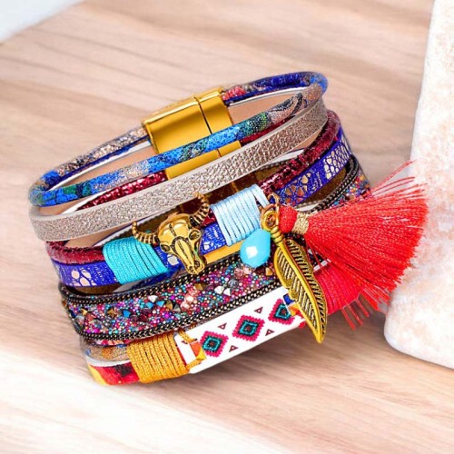 Bracelet TEXAS Color Gold Manchette souple Multirangs Ethnique amérindien tête de buffle Multicolore Laiton doré Cristal Pompon