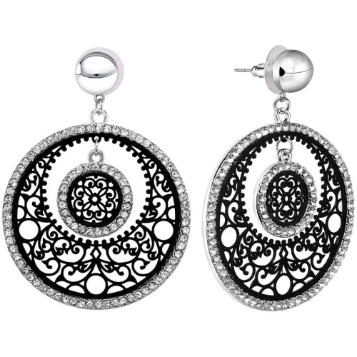 Boucles d'oreilles PALAMO Black Silver Pendantes ajourées à pendentif Filigrane Argenté et Noir Rhodium Cristal