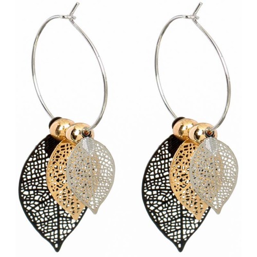 Boucles d'oreilles FOCHIA Black Gold & Silver Créoles à pendentif Feuilles filigranes Argenté Doré Noir Rhodium