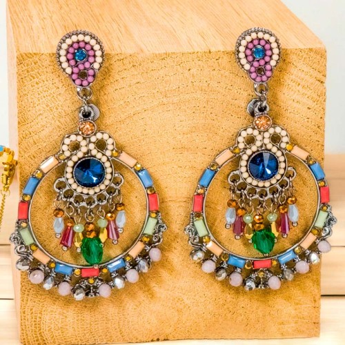 Boucles d'oreilles OLIVEAS Color Silver Pendantes ajourées Baroque ou romantique Argenté et Multicolore Rhodium Cristal