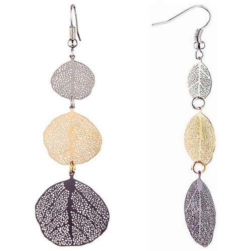 Boucles d'oreilles SOUANA Black Gold & Silver Pendantes ajourées Feuilles filigranes Argenté Doré Noir Rhodium