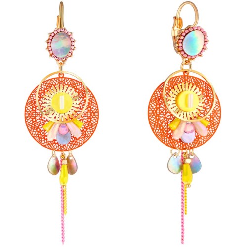 Boucles d'oreilles LINDA Orange Gold Pendantes ajourées à pendentif Filigrane Doré et Orange Rhodium Cristal et Nacre