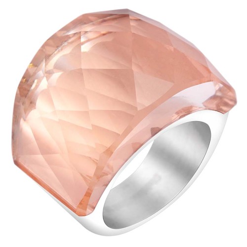 Bague ICE CRYSTAL Peach Nude Silver Jonc cabochon Roc de cristal Argenté et Nude Acier inoxydable Cristal