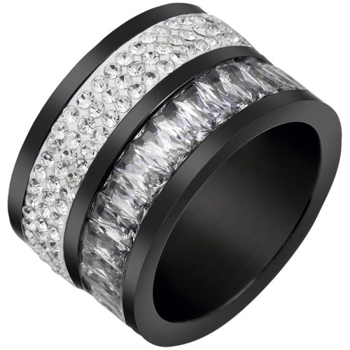 Bague NIGHT DREAM Black & White Jonc pavé Double rivière de cristal Noir et Blanc Acier inoxydable Cristal