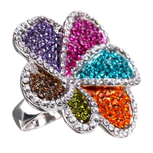 Bague FLORA Color Silver Cocktail pavé Fleur Argenté et Multicolore Rhodium Cristal