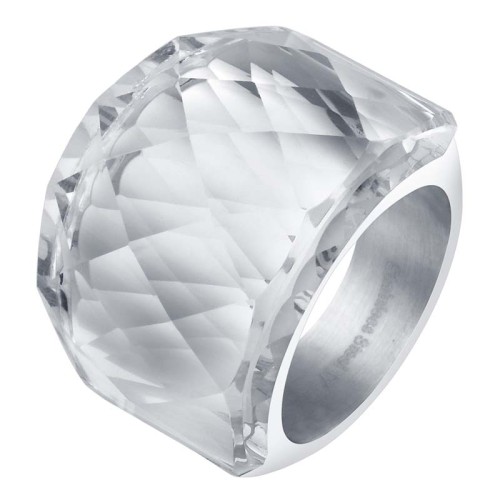 Bague ICE CRYSTAL White Silver Jonc cabochon Roc de cristal Argenté et Blanc Acier inoxydable Cristal