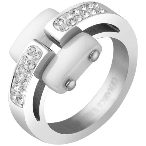 Bague IRIS White Silver Cocktail pavé Maillons de chaine Argenté et Blanc Acier inoxydable Céramique et Cristal