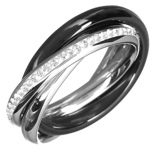 Bague UNIDIANCE Black Silver Jeu de 3 anneaux entrelacés Contemporain Argenté et Noir Acier inoxydable Céramique et Cristal