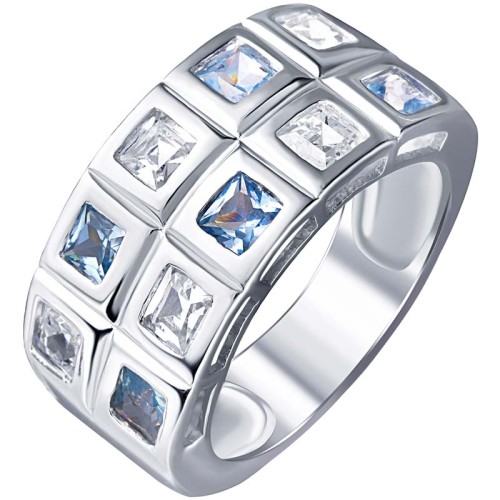 Bague DOMINO Sky Blue Silver Cocktail pavé Damier Argenté et Bleu Argent massif 925 Oxydes de zirconium sertis