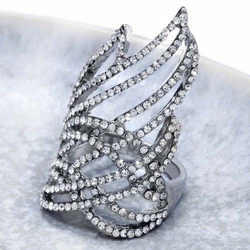 Bague FLAME CRYSTAL White Silver Cocktail pavé ajouré Aile d'ange Argenté et Blanc Rhodium Cristal