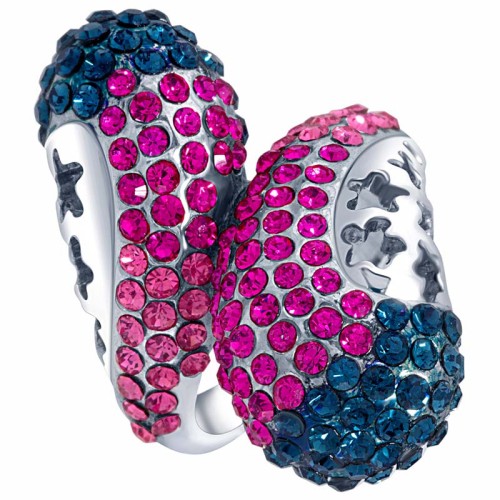 Bague TWICE SPRING Pink Blue Silver Cocktail pavé ajouré Toi et Moi Argenté et Rose Bleu Rhodium Cristal autrichien