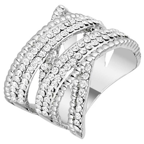 Bague CROSSING LINES White Silver Cocktail pavé ajouré Prisonnière Argenté et Blanc Rhodium Cristal