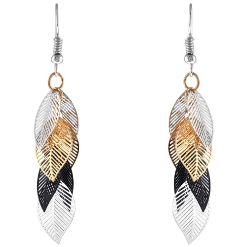 Boucles d'oreilles SAVIANOR Black Gold & Silver Pendantes ajourées Feuilles filigranes Argenté Doré Noir Rhodium