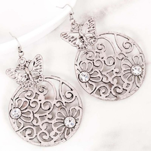 Boucles d'oreilles GASOLINA White Silver Pendantes ajourées Papillons fleurs filigranes Argenté et Blanc Laiton argenté Cristal