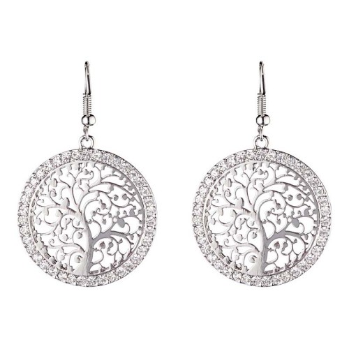 Boucles d'oreilles EVANESCENCE White Silver Pendantes courtes Arbre de vie filigrane Argenté et Blanc Rhodium Cristal