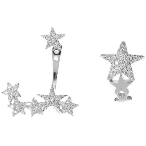 Boucles d'oreilles STARMANIA White Silver Puces asymétriques pavées étoiles Argenté et Blanc Rhodium Cristal