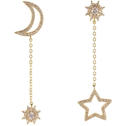 Boucles d'oreilles MOON & STAR White Gold Pendantes asymétriques pavées étoile et lune Doré et Blanc Doré à l'or fin Cristal