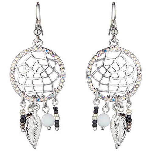 Boucles d'oreilles TAMPA Black & White Silver Pendantes pavées ajourées Attrape-rêve ethnique Argenté Noir Blanc Rhodium Cristal