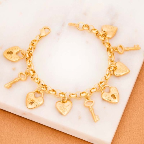 Bracelet VALENTINE Gold Bracelet chaine souple Cœurs et Clés Doré Laiton doré à l'or fin