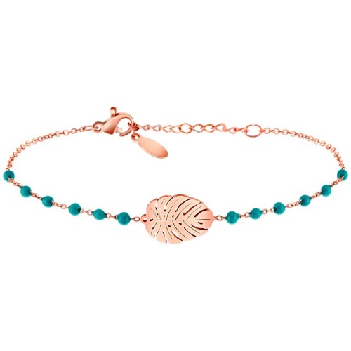 Bracelet FOREST Green & Rose Gold Bracelet fin chaine souple réglable Feuille Rosé Vert Acier inoxydable doré à l'or fin Perles