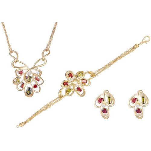 Parure MALAGA Color Gold Ras de cou pendentif bracelet et boucles d'oreilles puces Floral Multicolore Doré à l'or fin Cristal