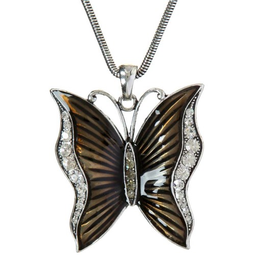 Collier AILUS Black Silver Sautoir pendentif en Y Papillon Argenté et Noir Laiton argenté Cristal et émaux